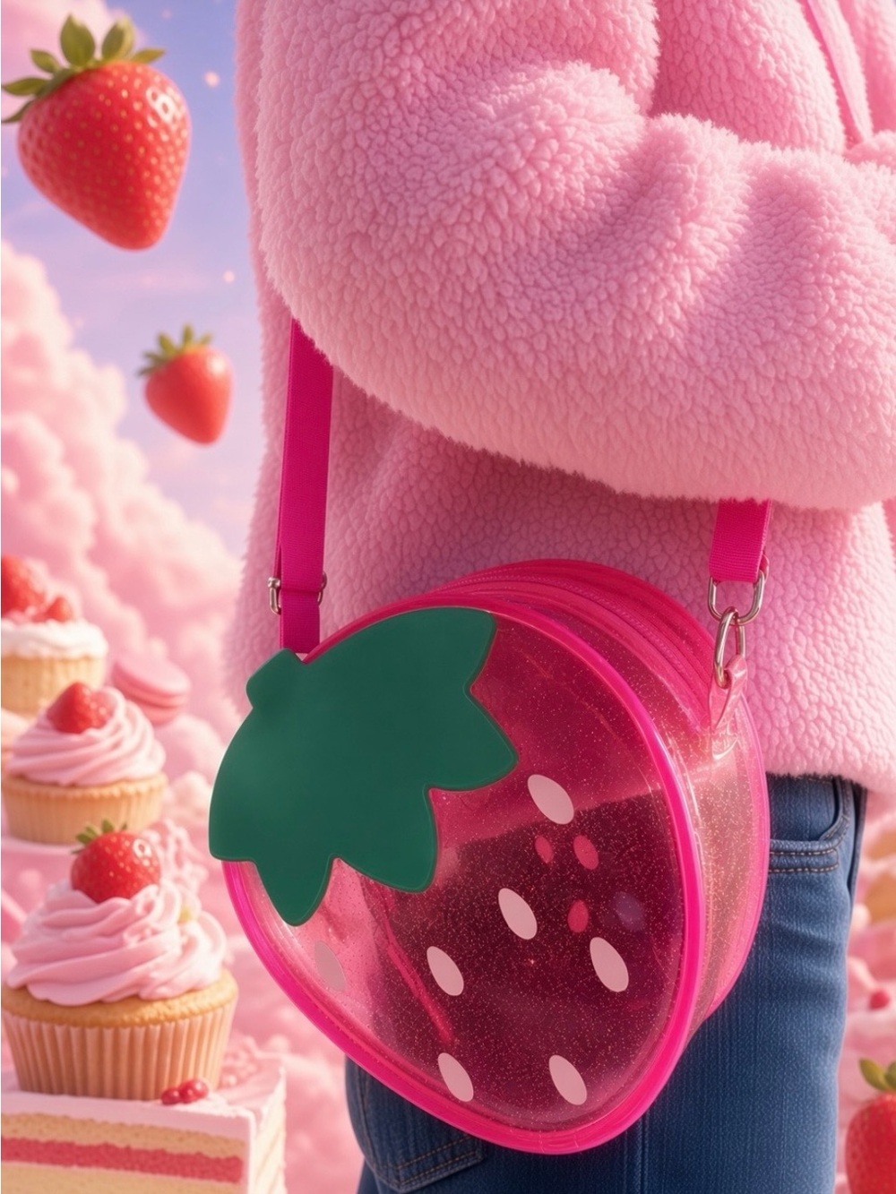 Sparkly Strawberry Clear See-Thru Glitter Bag